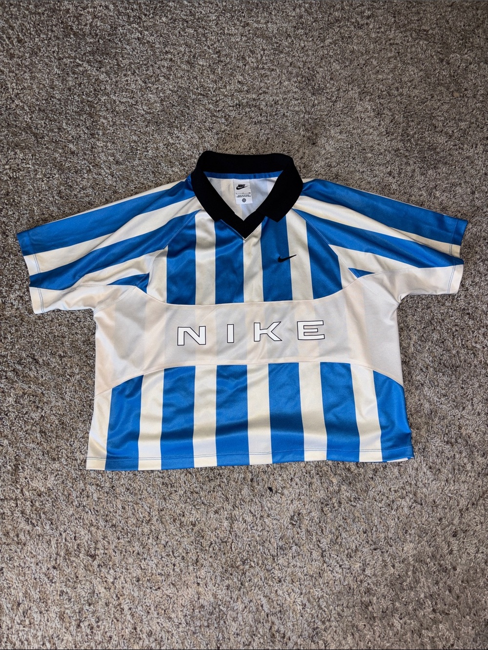 Nike Blue and White Striped Soccer Jersey with Black Collar